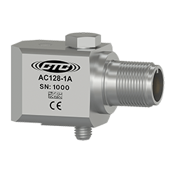A render of a CTC AC128 stainless steel, standard size, side exit industrial accelerometer.